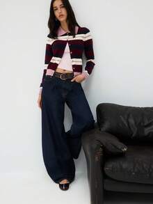 Nöista Striped Knit Cardigan With Collar And Button Front. Fall, Back To School And Everyday Style. - Burgundy - View 8