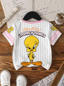 LOONEY TUNES X SHEIN 女童條紋字母卡通印花休閒日常夏季短袖T恤 - 白色 - 查看 2