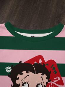 Betty Boop x SHEIN 大尺碼女款秋冬休閒時尚日常通勤卡通角色紅唇字母對比色條紋印花落肩寬鬆抓絨內裡保暖衛衣 - 白色 - 查看 4