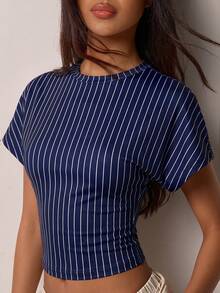 COSMINA 女款條紋百褶修身百搭休閒日常T恤 - 彩色 - 查看 5
