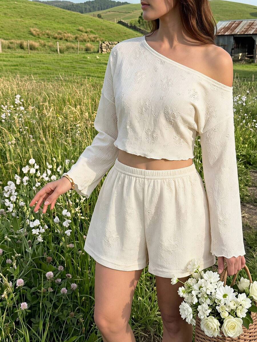 SHEIN MOD 2件組休閒度假風純色不對稱領口荷葉邊短版上衣與短褲套裝，露肩上衣，休閒、外出、Y2K、派對、海灘 - 杏色 - 查看 1