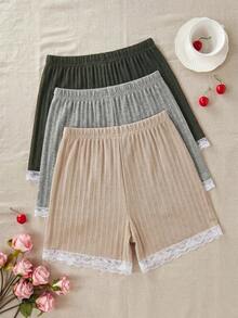EURMUSE Women COTTON 3pcs Rib Knit Multicolour Lace&Ribbon Detail Homewear Comfort Shorts Lounge Set - Multicolor - View 2