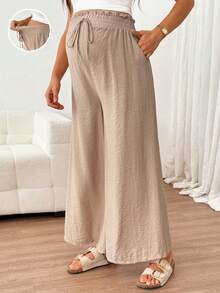 SHEIN Maternity Spring/Summer Comfortable Elastic Waist Drawstring Solid Color Long Pants Suitable For Beach, Holiday, Vacation,,Autumn Outfit For Women - Khaki - View 3