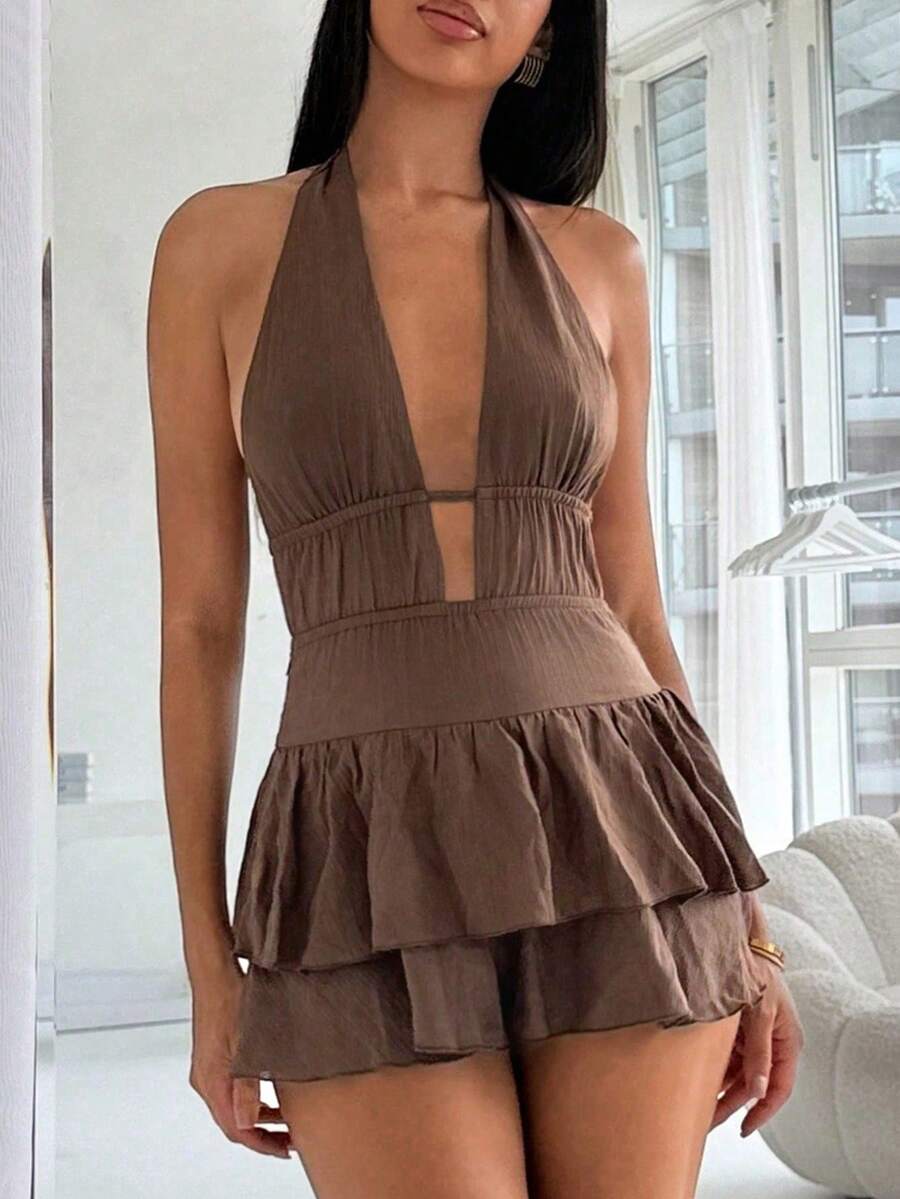 TRNVIE Women's Sexy Tropical Halter Neck Deep V Summer Jumpsuit Party Beach Vacation Night Out Coffee Brown - Khaki - View 1