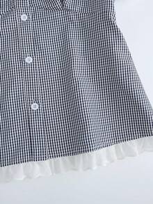 SHEIN Franclia 女款春夏黑白格紋對比蕾絲修身短袖襯衫上衣，適合休閒、鄉村風、野餐、校園、慕尼黑啤酒節 - 黑與白 - 查看 6