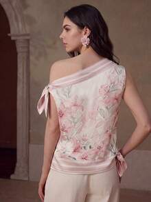 Anewsta Women's Spring/Summer One-Shoulder Square Neck Coconut Tree Elegant Beach Tea Party Date Party Wedding Blouse Shirt Floral Pink Floral - Pink - View 6