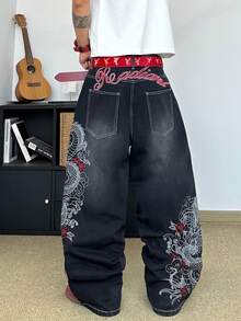 STEELVANCE 男士街頭風復古時尚百搭做舊水洗刺繡寬腿休閒牛仔褲（不含腰帶與配件） - 黑色 - 查看 3