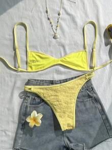 Swim Mod 女款夏季套裝，黃色細肩帶特殊面料性感海灘度假泳衣套裝 - 黃色 - 查看 2