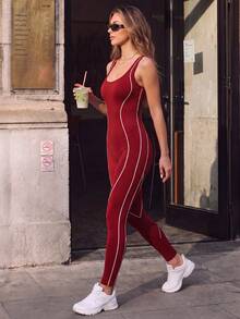 SHEIN Sports 女款日常健身運動運動風背心式連身褲 深紅色 夏季 - 紅色 - 查看 4