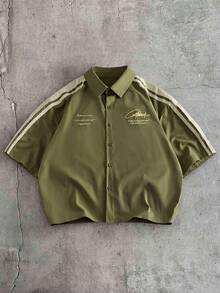 AXEPEAK Men's Letter Print Colorblock Single-Breasted Casual Versatile Daily Commute Shirt - Green - View 2
