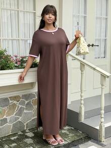 GalTyme Plus Size Pink Color Block Round Neck Side Slit Short Sleeve Dress Vacation Summer Traditional - Brown - View 4