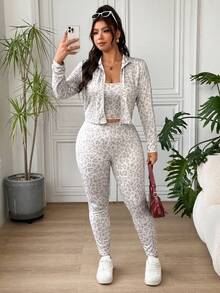 SHEIN EZwear 大尺碼女款豹紋內搭上衣、長袖開襟衫與高腰長褲休閒日常穿搭套裝 - 彩色 - 查看 4