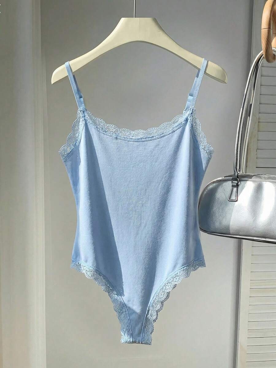 Comfortcana 女士夏季休闲纯色蕾丝边连体衣 - 藍色 - 查看 1