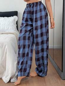 DAZY Women's Casual Plaid Drawstring Waist Loose Long Pants Loungewear Summer Pajamas - Baby Blue - View 9