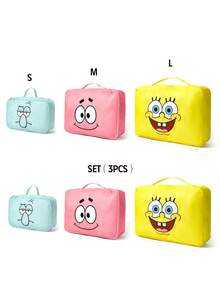 SpongeBob SquarePants | SHEIN 卡通主題旅行收納袋 3 款式，附拉鍊與提把，適合收納衣物與化妝品，趣味實用，適用旅行與日常使用 - 黃粉灰 - 查看 10