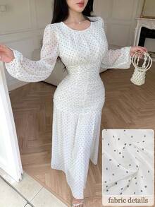 Modelyn Round Neck Ruched Waist White With Black Polka Dots Bodycon Chiffon Dress Date Night Autumn Romantic - Apricot - View 8