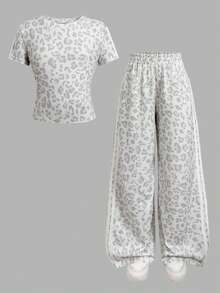 SHEIN 青少年女孩豹紋印花T恤與長褲套裝 - 淺灰色 - 查看 2