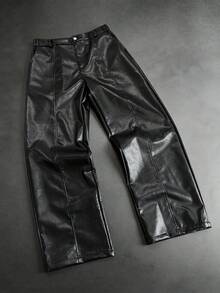 SLATEMANN Men's Black PU Leather Straight Leg Casual Fashion Versatile Pants - Black - View 5