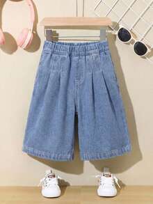 SHEIN LMoss Kids 女婴宽松海军蓝牛仔裤 - 淺色水洗藍 - 查看 7