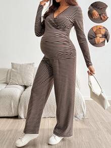 SHEIN طقم أمومة من قطعتين: ملابس علوية بأكمام طويلة مخطط باللون البني وبنطال - مناسب للرضاعة - أسلوب كاجوال خريفي - بني - مشاهدة 2