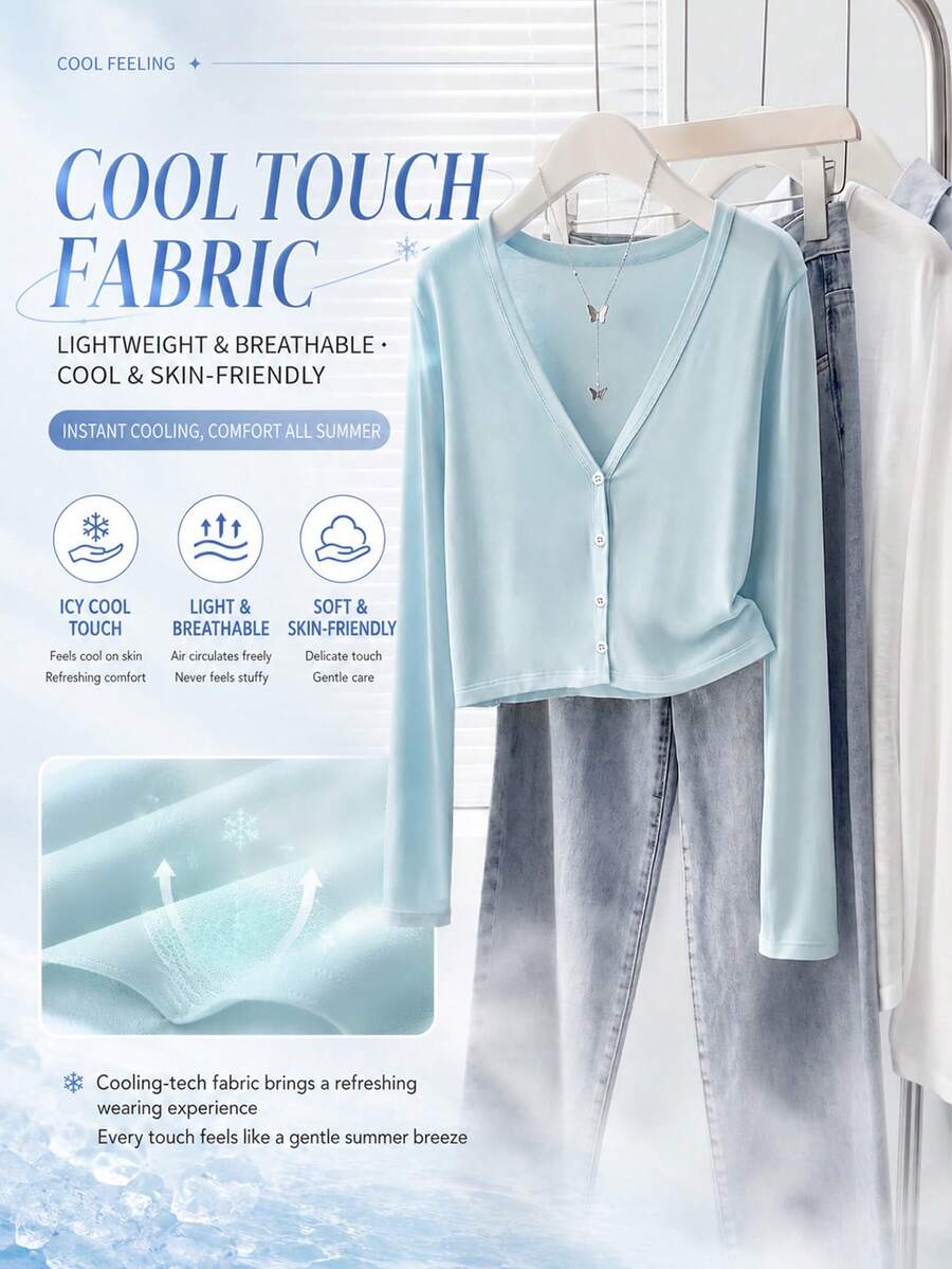 GlowEve Cooling Loose Casual Silhouette Cape Button-Up Top, Suitable For Daily Wear, Vacation, Commuting And Outings Travel Light Blue Autumn Everyday - Blue - View 1