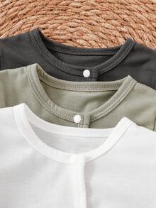 SHEIN Vintaside Kids 3件組新生兒嬰兒連身衣套裝，長袖連腳爬行服，居家穿著，適用男嬰女嬰，橄欖綠、淺灰色、白色，秋冬保暖舒適 - 彩色 - 查看 7