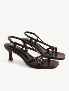 CUCCOO CHICEST French Premium Brown Square Toe Button High Heel Sandals, Commuter Dating Versatile Open Toe Slingback Sandals - Brown - View 1