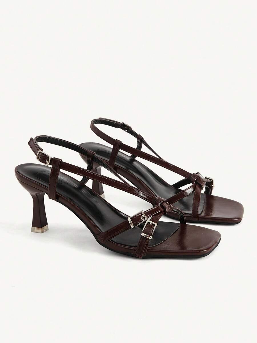 CUCCOO CHICEST French Premium Brown Square Toe Button High Heel Sandals, Commuter Dating Versatile Open Toe Slingback Sandals - Brown - View 1