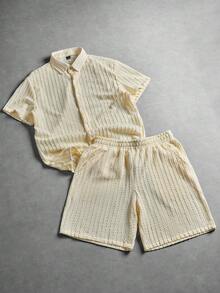 Manfinity Homme Men's Knitted Jacquard Short Sleeve Shirt Set - Light Yellow - View 1
