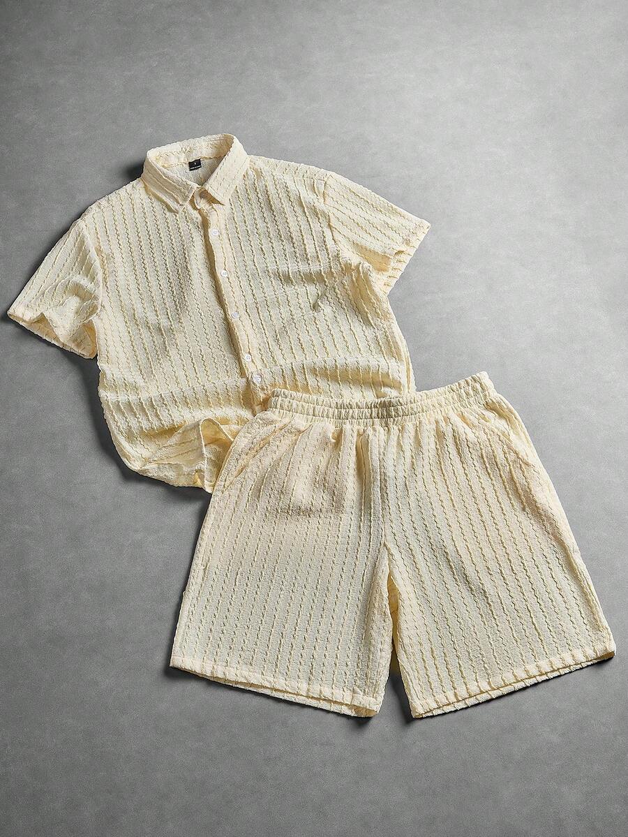 Manfinity Homme Men's Knitted Jacquard Short Sleeve Shirt Set - Light Yellow - View 1