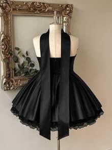 Lovelzi Luxury Plus Size Lace Trim Ruched Elegant Waist-Cinched Halter Neck Ball Gown Dress Party Cocktail Wedding Homecoming Wedding Black Spring - Black - View 2