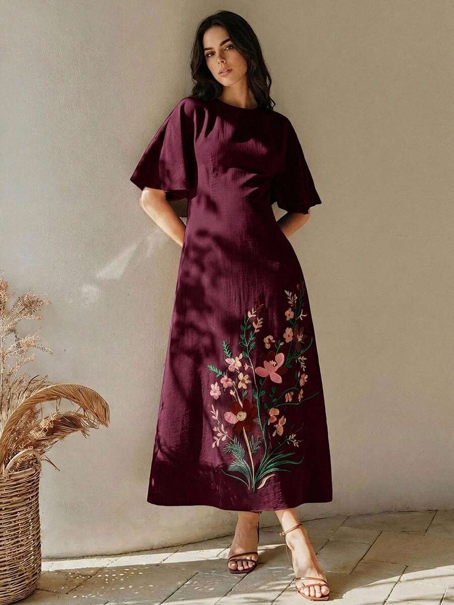 Anewsta 夏季女款圓領短袖重工刺繡洋紅色長版優雅洋裝,女士優雅洋裝,洋紅色洋裝 - Red Plum - 查看 1
