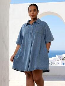 ELLERISSA 大尺碼藍色水洗落肩牛仔傘擺洋裝附口袋 - 藍色 - 查看 4