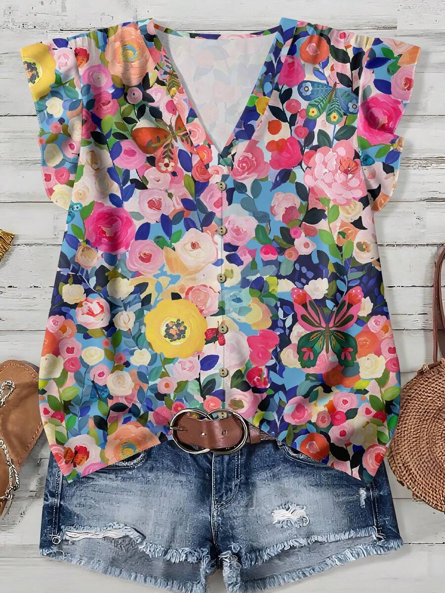 EMERY ROSE Plus Size Women Casual Floral Print Cap Sleeve Blouse, Suitable For Summer Tops Spring Outfits Modern Business Blouses Fall - Multicolor - View 1