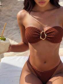 Bonvoyette Springbreak 女款海灘裝 夏季女裝套裝 純色提花布料 抹胸式 金屬裝飾 性感比基尼套裝 - 棕色 - 查看 3