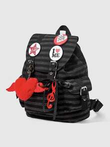 ROMWE Anime Mochila Y2k College Wind de gran capacidad con rayas de colores contrastantes y múltiples bolsillos, con insignia de nota de amor roja, adecuada para desplazamientos diarios, escuela, etc. - Raya 2 - Ver 2