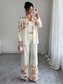 Modelyn 女士杏色梭织数码印花长袖纽扣休闲衬衫和直筒裤两件套，春夏款 - 杏色 - 查看 5