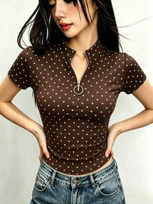 Rina Fox Women's Polka Dot Slim Fit Versatile Casual Short Sleeve T-Shirt - Brown - View 4