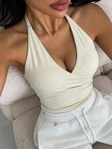 DAZY V-Neck Halter Sleeveless Padded Tank Top Bra Solid Color Women's Sports Bra - Beige - View 1