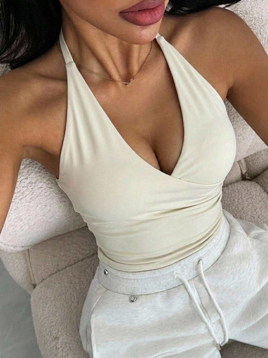 DAZY V-Neck Halter Sleeveless Padded Tank Top Bra Solid Color Women's Sports Bra - Beige - View 1