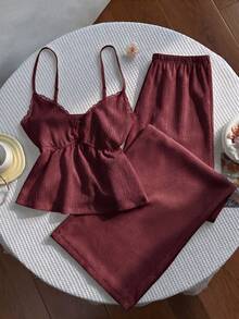 Sweetra Y2K Textured Fabric Patchwork Lace Trim Commuter Versatile Vacation Wide Leg Pants Set - Burgundy - View 5