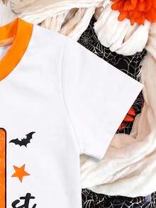 SHEIN Playful Pals 中性嬰兒 My 1st Halloween 可愛卡通幽靈圖案圓領對比色短袖T恤 休閒幼兒秋季節日上衣 0-3Y - 白色 - 查看 4