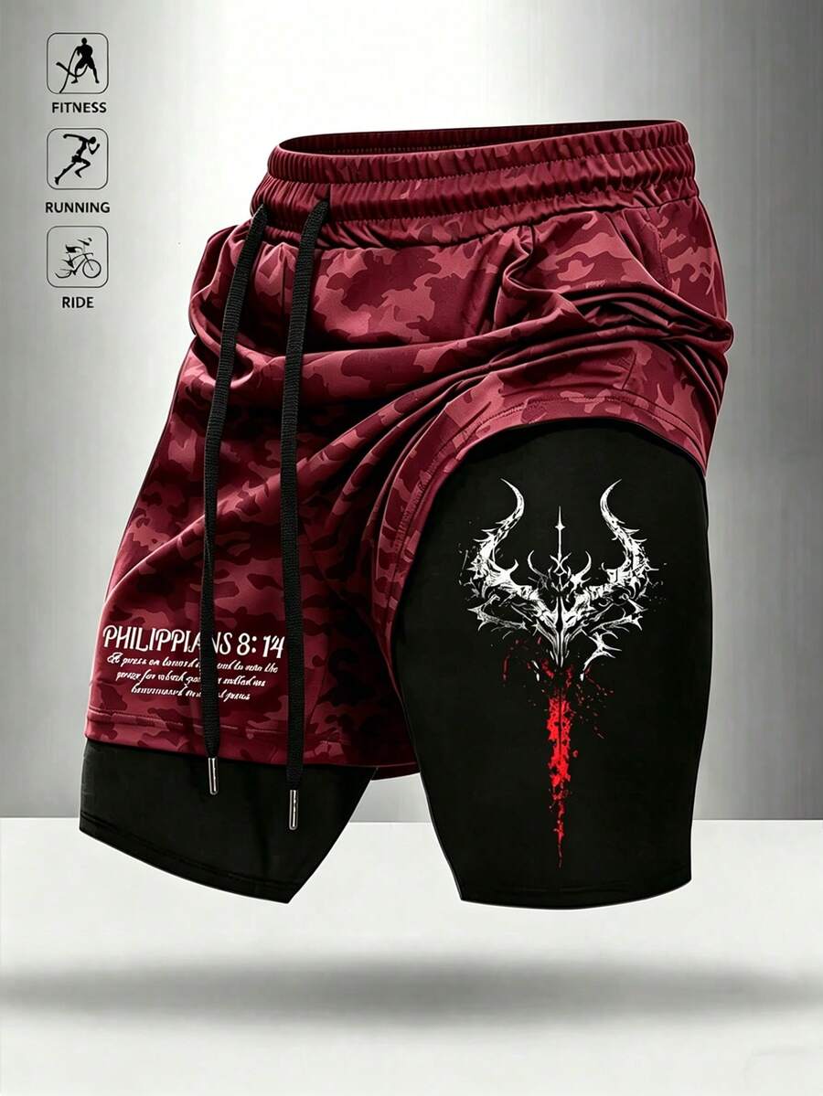 Gym Rark Men's Slogan Camo Print Drawstring Waist Double Layer Sports Shorts - Red - View 1