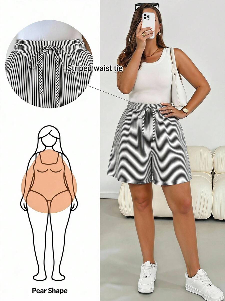 Shapeblank 大尺碼女款條紋休閒百搭日常穿著短褲 - 彩色 - 查看 1