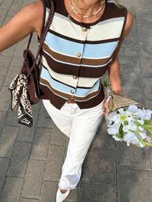 Serisse Women's Casual Vintage American Preppy Style Sleeveless Knit Vest With Brown Striped. Autumn Outfit For Women, Going Out School Brunch Tops - Multicolor - View 4