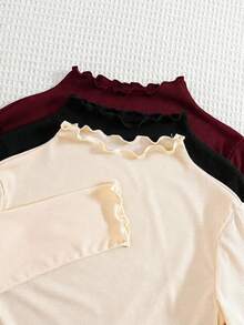 青少年女孩 3件組休閒百搭純色羅紋荷葉邊假領 T-shirt - 彩色 - 查看 5