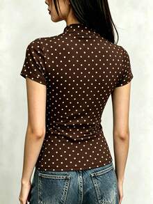 Rina Fox Women's Polka Dot Slim Fit Versatile Casual Short Sleeve T-Shirt - Brown - View 2