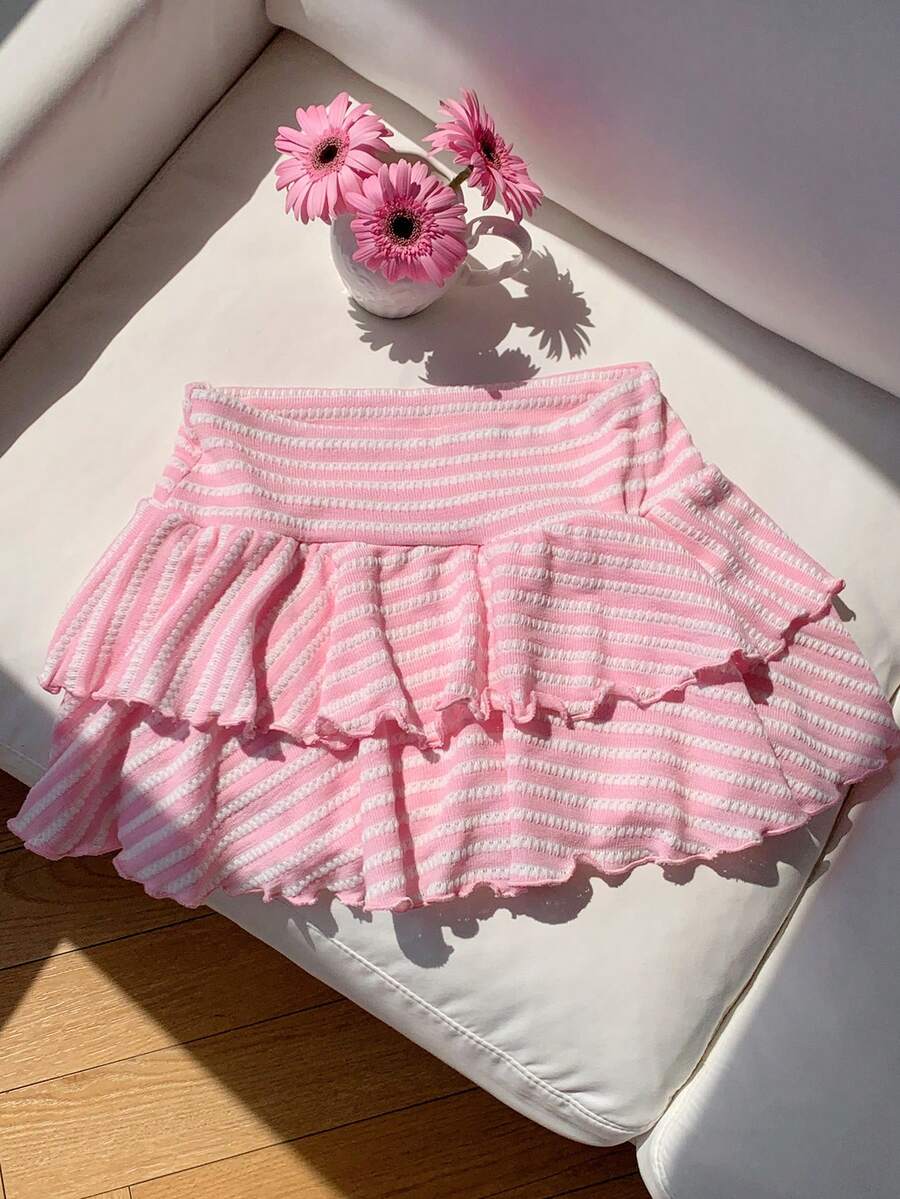 Comfortcana Women's Pink And White Striped Double Layer Ruffle Hem A-Line Short Skirt For Summer Going Out Beach Vacation Cute Y2k - Pink - View 1