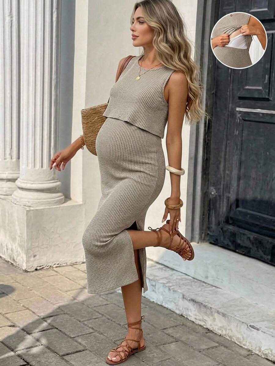 SHEIN 孕婦素色羅紋休閒無袖哺乳洋裝 - 卡其色 - 查看 1