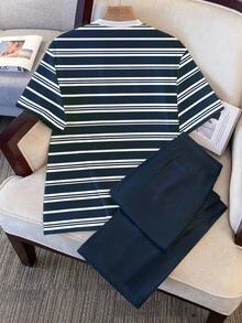 OldRiff 男士休閒條紋印花短袖T恤與長褲居家服套裝 - 藍色 - 查看 2